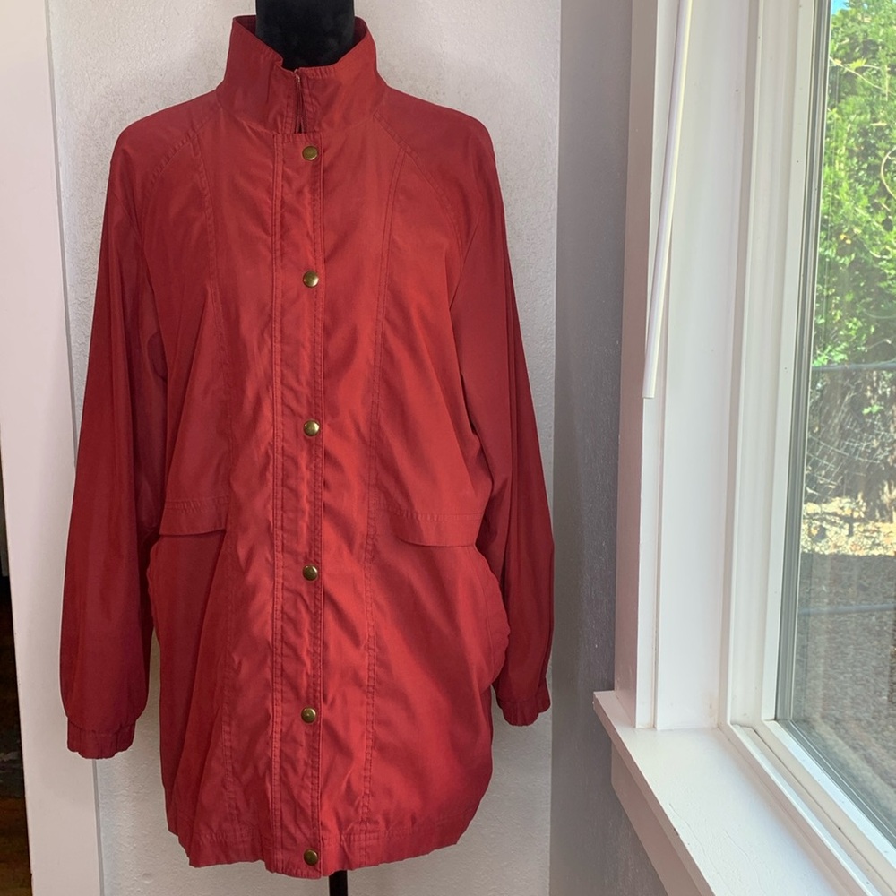 Nordstrom red jacket lined zip snap closure pockets Funnel Neck Water Resistant